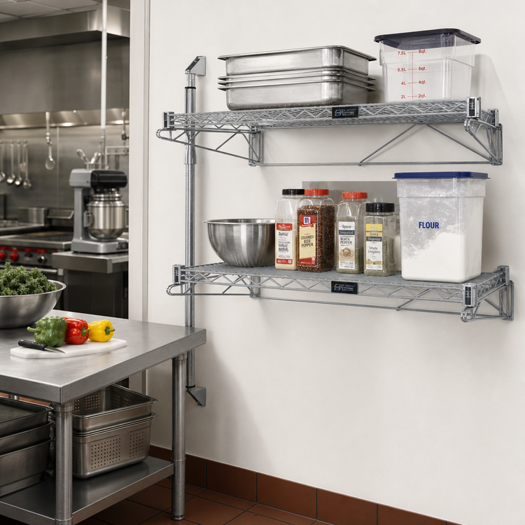 Product image #2 for Quantum Cantilever Double Shelf Post Wall-Mount Wire Shelving Unit, 48 x 18 Inches, Gray Epoxy Antimicrobial Finish