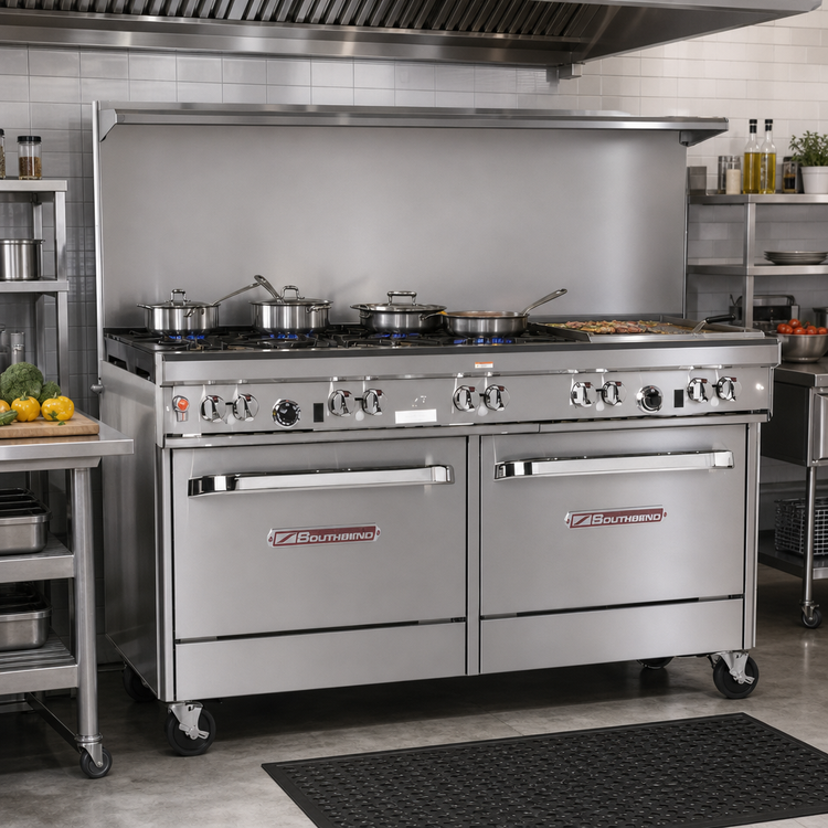 Product image #2 for Southbend Ultimate 60-Inch Gas Restaurant Range with 6 Star/Sauté Burners, 24-Inch Raised Griddle/Broiler, and 2 Cabinets