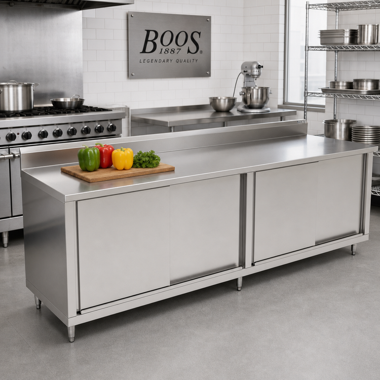 Product image #2 for John Boos 120-Inch x 24-Inch Cabinet Base Work Table with Sliding Doors, 16-Gauge 300 Series Stainless Steel Top, 5-Inch Backsplash