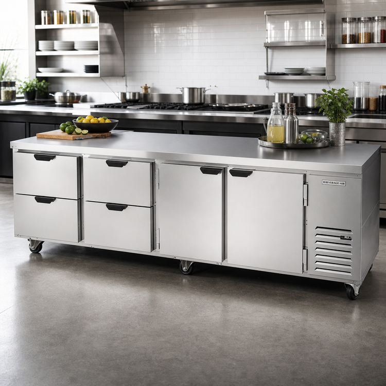Product image #2 for Beverage-Air Four-Section Undercounter Refrigerator with 4 Drawers and 2 Doors, 119-Inch Wide, Self-Contained Side-Mounted Refrigeration