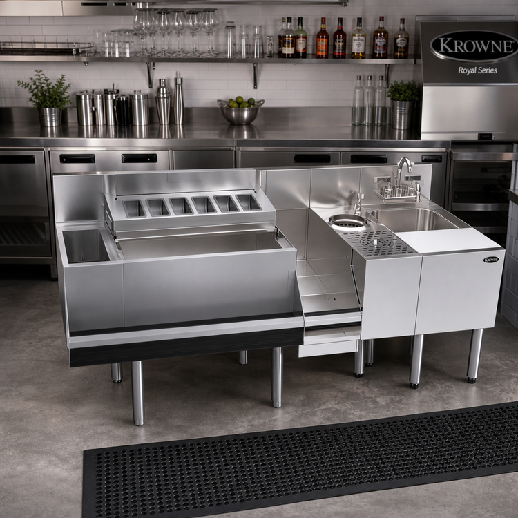 Product image #3 for Krowne Royal Series Single Zero-Step Refrigerated Speed Station with 10-Circuit Cold Plate, Sink, Glass Rinser, and Speedrail