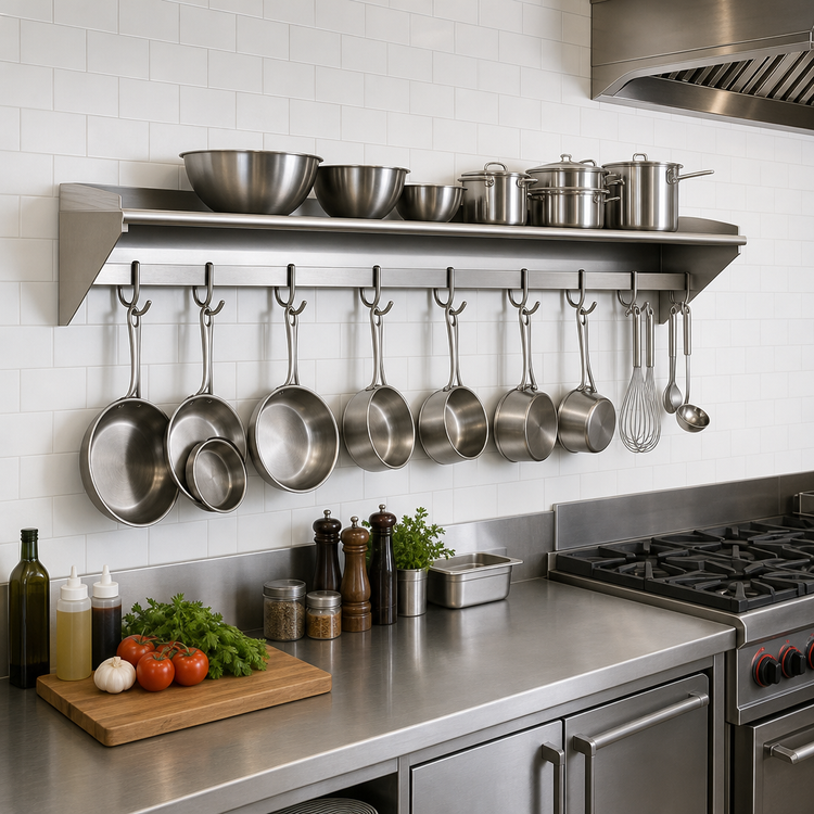 Product image #2 for 108-Inch Wall-Mounted Stainless Steel Wall Shelf with Pot Rack and Removable Hooks