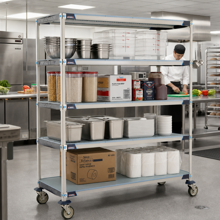 Product image #2 for MetroMax i 5-Tier Mobile Polymer Shelving Unit, 60 x 24 x 80 Inches, Blue, Open Grid with Solid Bottom Shelf