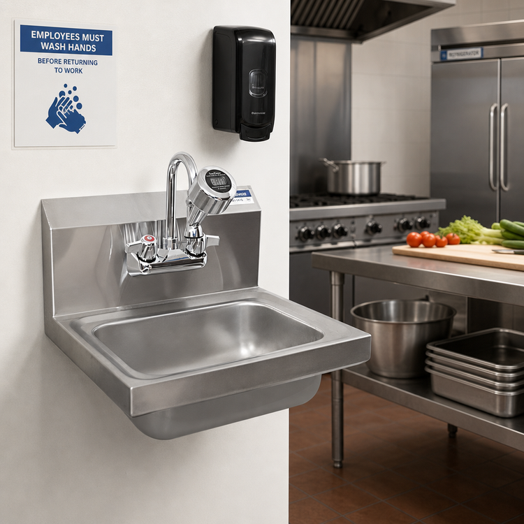 Product image #2 for BK Resources Wall-Mounted Hand Sink with Sanitimer Handwashing Timer and Faucet, 14 x 10 x 5 Bowl, 304 Stainless Steel