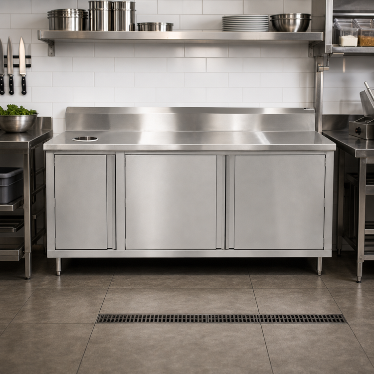 Product image #2 for John Boos 72-Inch Stainless Steel Beverage Unit Cabinet Base with Left-Side Trash Chute and Hinged Doors