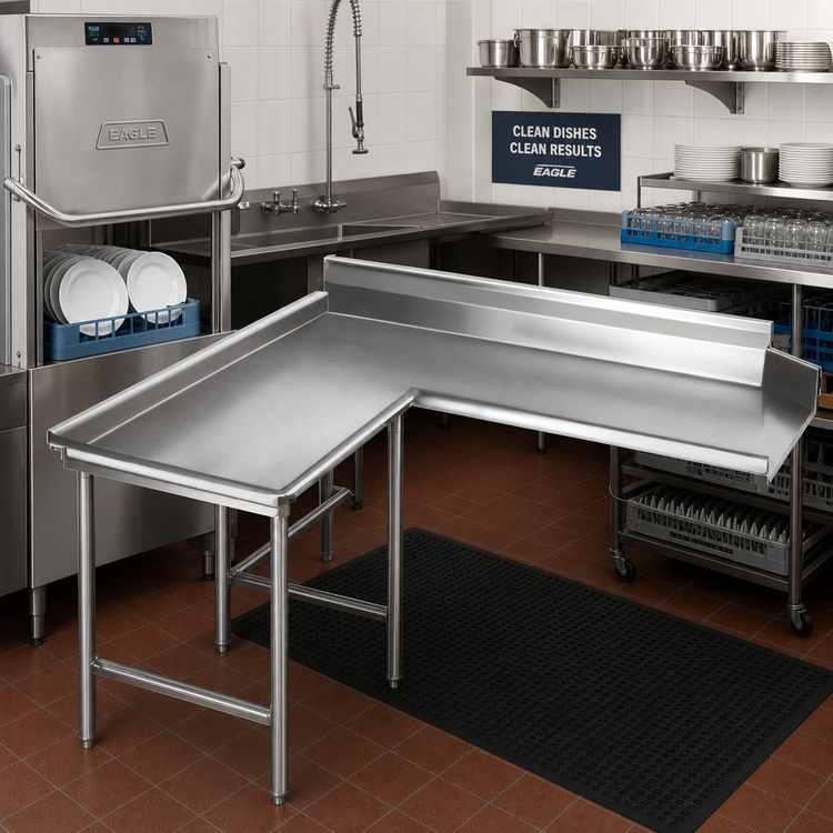 Product image #2 for Eagle Clean Dishtable, Island Design, 72-Inch Machine-to-Corner, 60-Inch Corner-to-End, 16-Gauge 430 Stainless Steel