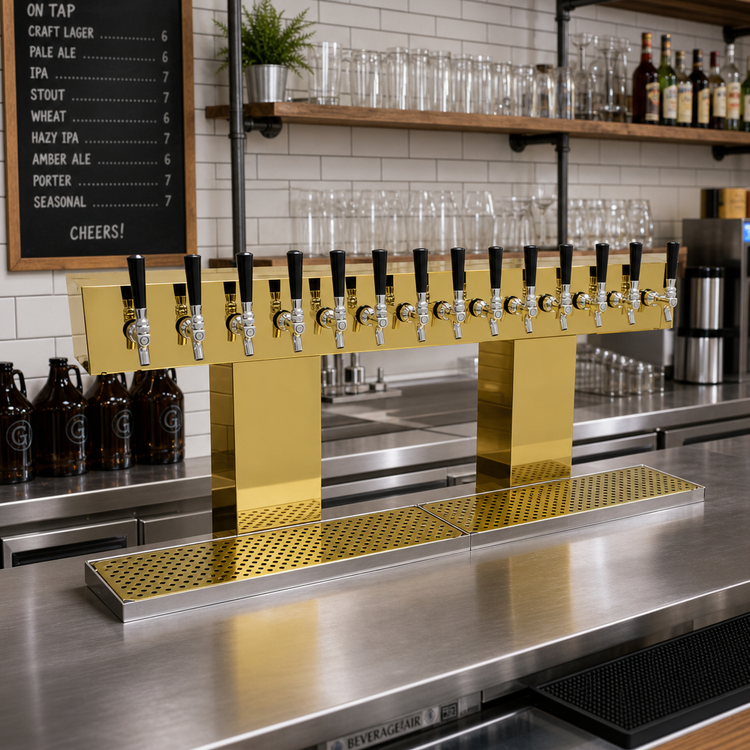 Product image #2 for Glastender Double-Column Bridge Draft Dispensing Tower, 14-Faucet, Countertop, Air-Cooled, Polished Brass Finish