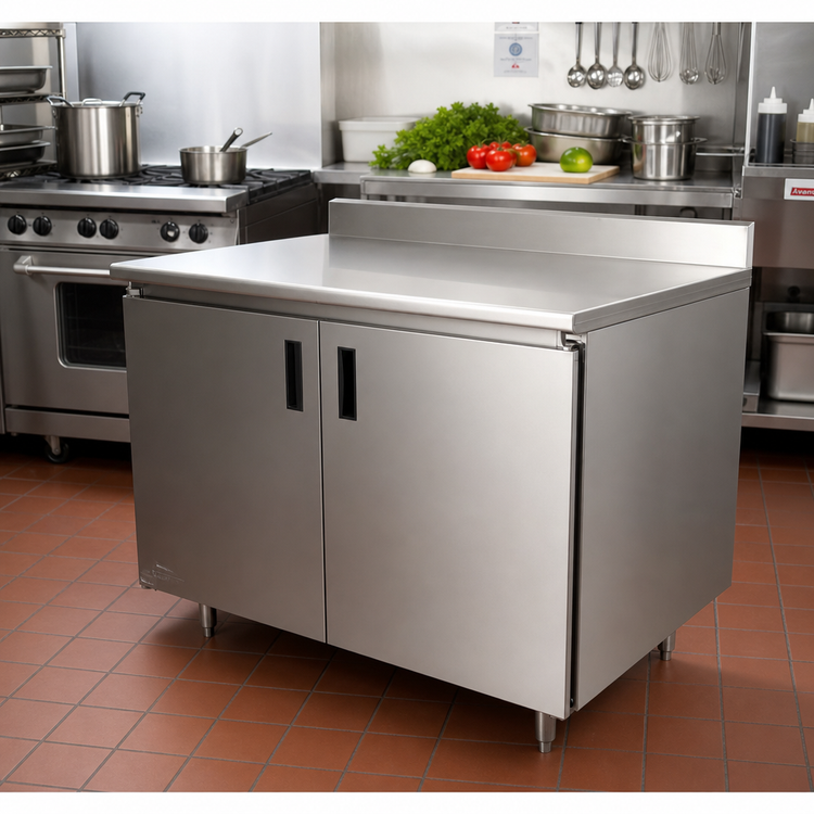 Product image #2 for Advance Tabco Special Value Economy Enclosed Work Table with Sliding Doors, 60 x 24 Inches, 304 Stainless Steel Top