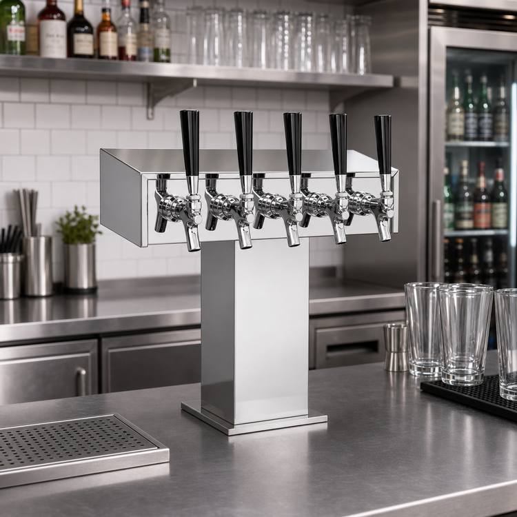 Product image #2 for Perlick 5-Faucet Extra High Countertop Glycol-Cooled Tee Draft Beer Tower, Polished Chrome