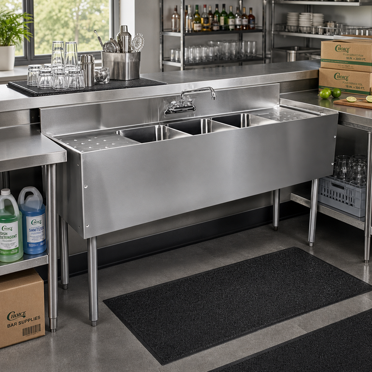 Product image #2 for Choice 48-Inch Three-Compartment Stainless Steel Underbar Sink Unit, 19-Inch Deep, Right Drainboard
