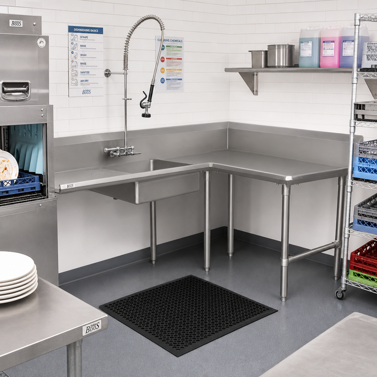 Product image #2 for John Boos Pro-Bowl L-Shaped Corner Soiled Dishtable with 20" x 20" x 8" Pre-Rinse Sink Bowl, 60" Machine-to-Corner x 84" Corner-to-End, Right-to-Left