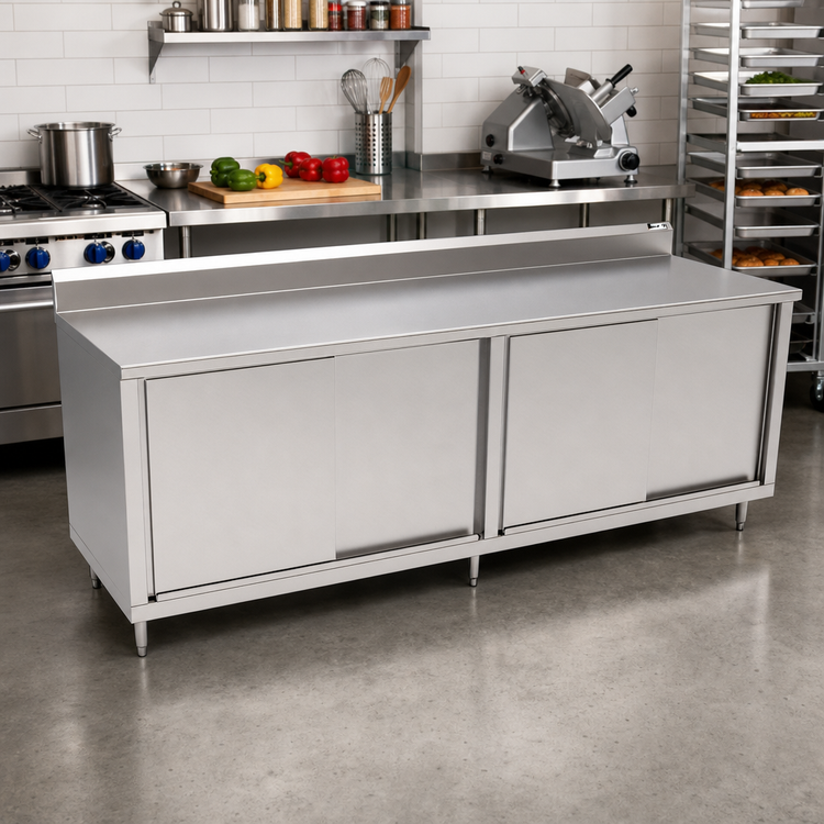 Product image #2 for John Boos Cabinet Base Enclosed Work Table with Sliding Doors, 132 x 24 Inches, 14-Gauge Stainless Steel Top, 5-Inch Backsplash