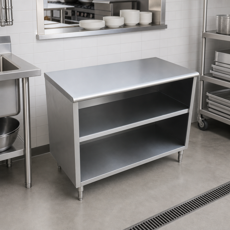 Product image #2 for 48-Inch Stainless Steel Flat-Top Dish Cabinet with Fixed Mid-Shelf and Adjustable Bullet Feet