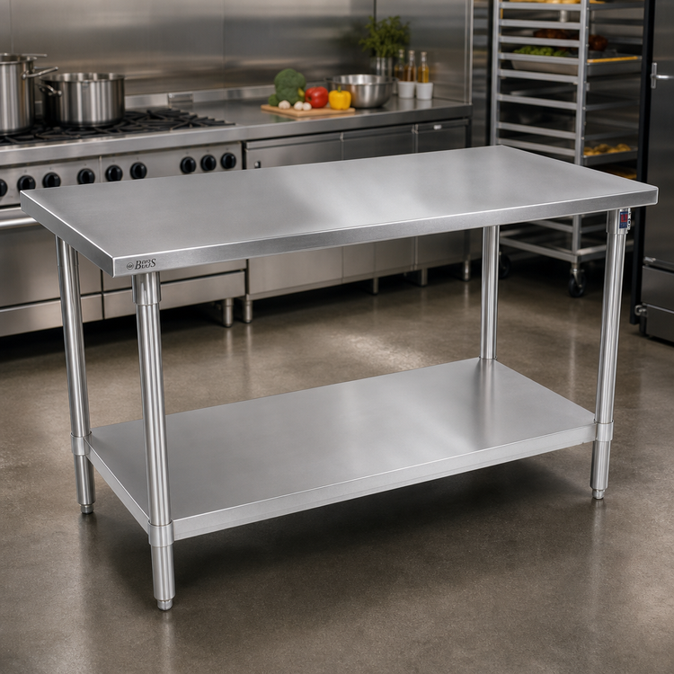Product image #2 for John Boos Stallion 108"W x 24"D Stainless Steel Flat Top Work Table with Safety Edge and Adjustable Undershelf