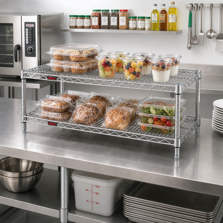Product image #2 for Eagle Group QuadTruss 2-Tier Front Case Merchandise Wire Shelving Unit, 30W x 14D x 14H, Chrome Finish