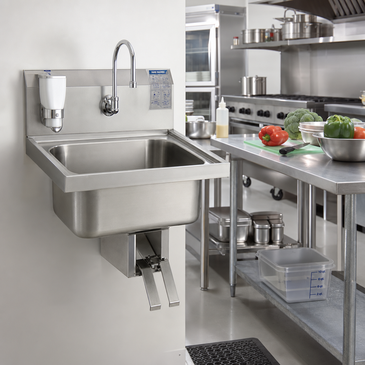 Product image #2 for 15-3/4 x 19-3/4 Inch Wall-Mounted 304 Stainless Steel Lavatory Hand Sink with Knee Valve, Gooseneck Spout, and Soap Dispenser