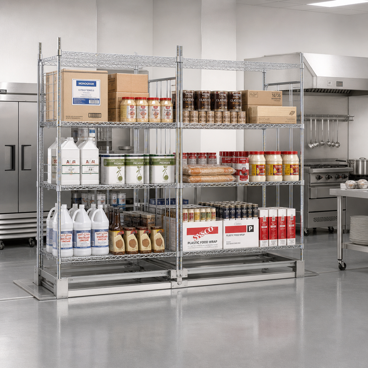 Product image #2 for Metro qwikTRAK Double-Deep High-Density Track Shelving Stationary End Unit Kit, Chrome-Plated, 74-Inch Posts
