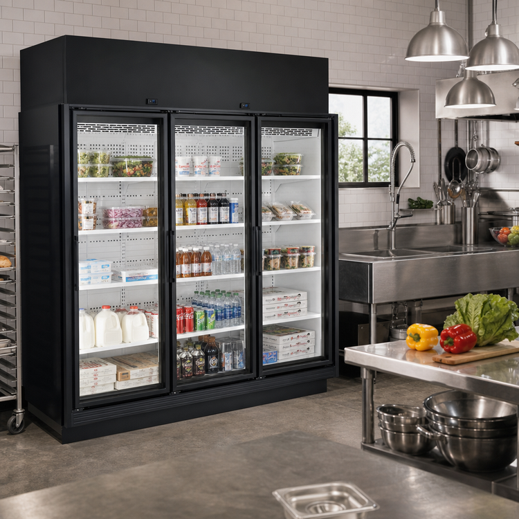 Product image #2 for True 3-Section Left-Hinge Glass Door Refrigerated Merchandiser, Self-Contained, Medium Temp, Black Exterior/White Interior