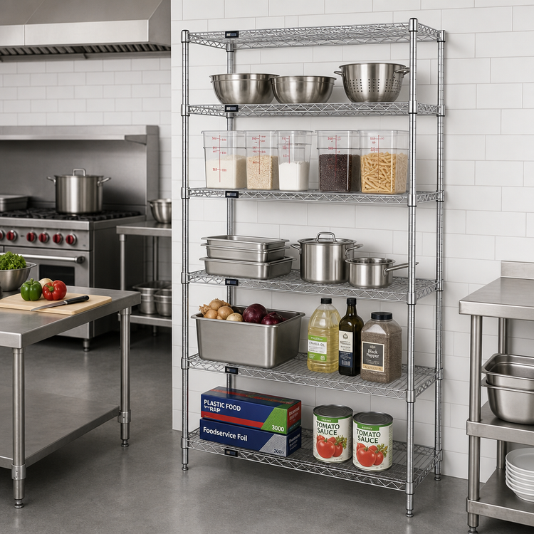 Product image #2 for Quantum 5-Shelf Wire Shelving Starter Kit, 48W x 18D x 86H, Chrome Plated, Stationary