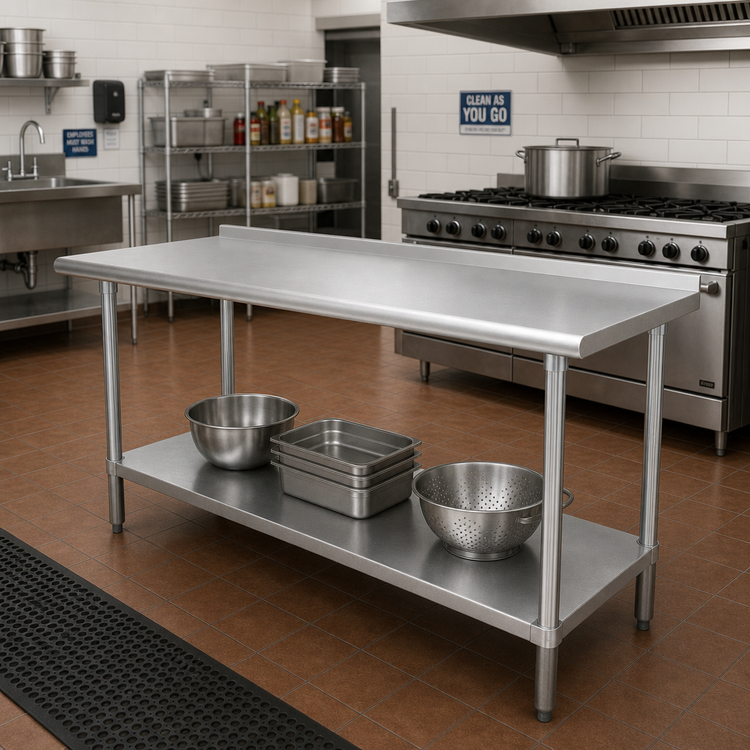 Product image #2 for Advance Tabco 84-Inch x 36-Inch 14-Gauge 304 Stainless Steel Work Table with Rear Up-Turn and Adjustable Undershelf
