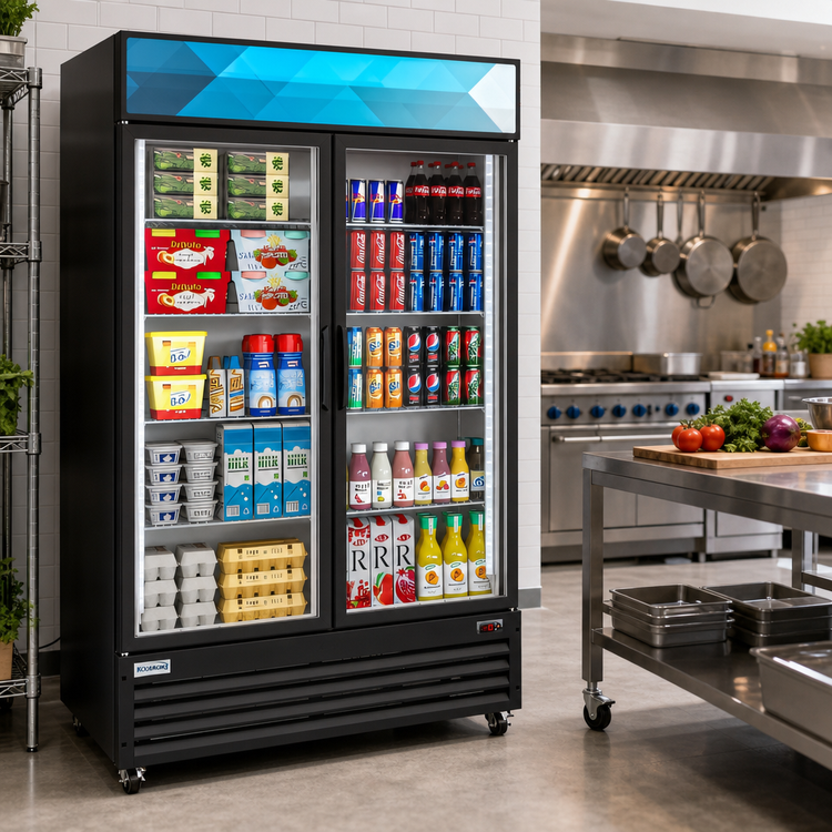Product image #2 for KoolMore Two-Section Glass Door Merchandiser Refrigerator, 38 Cu. Ft., Bottom-Mount, Black