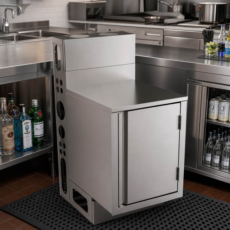 Product image #3 for BK Resources 21-Inch x 18-Inch Flat Top Underbar Cabinet with Die Wall Base, Stainless Steel