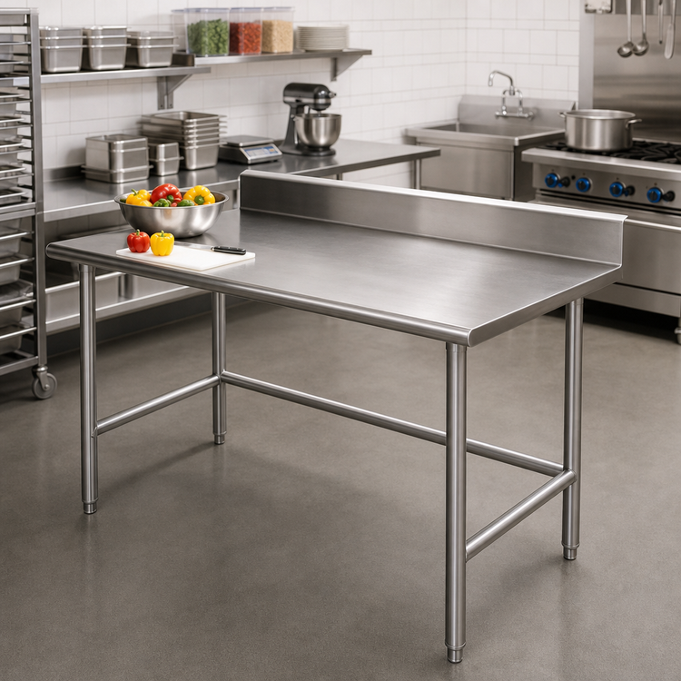 Product image #2 for Advance Tabco 60" x 36" Open Base Work Table with 5" Backsplash, 14 Gauge 304 Stainless Steel Top