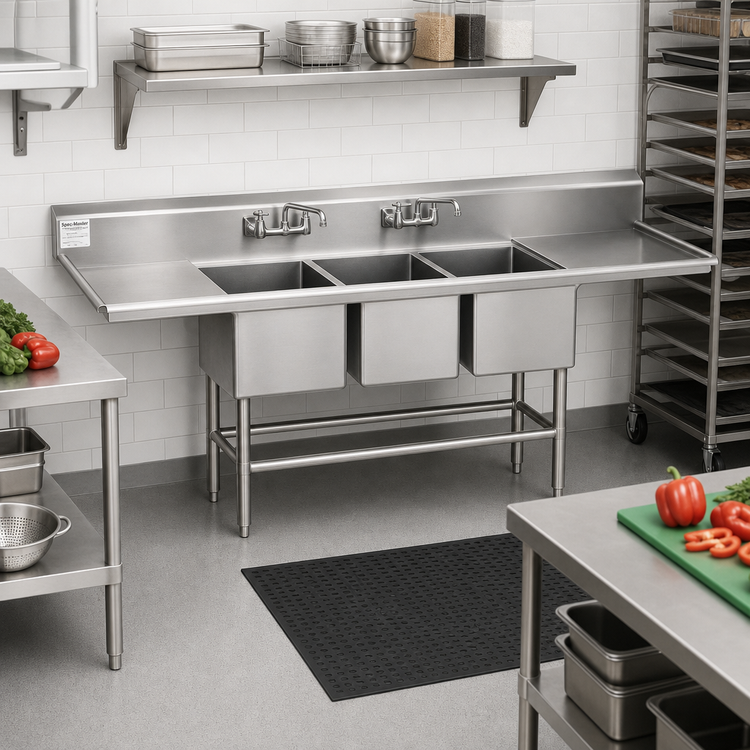 Product image #2 for Spec-Master FN2048-3-30R-14/3 Three-Compartment 14-Gauge 304 Stainless Steel Sink with 30-Inch Right Drainboard, 85.5 Inches Wide