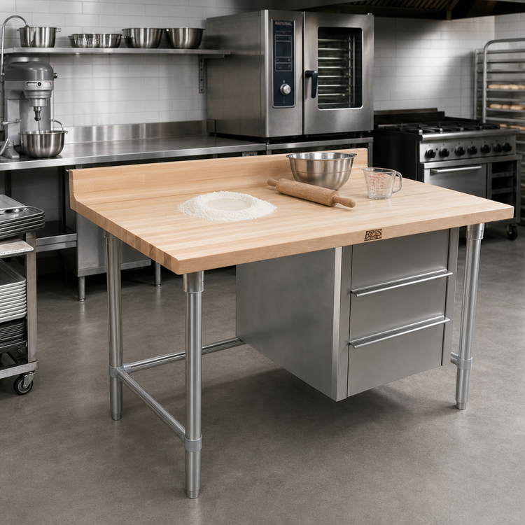 Product image #2 for John Boos 72-Inch Maple Baker's Table with 3 Drawers, Stainless Steel Base, and 4-Inch Coved Riser