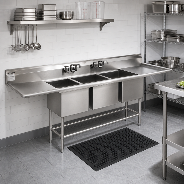 Product image #2 for Spec-Master FN2472-3-30-14/3 Three-Compartment Stainless Steel Sink with Dual 30-inch Drainboards
