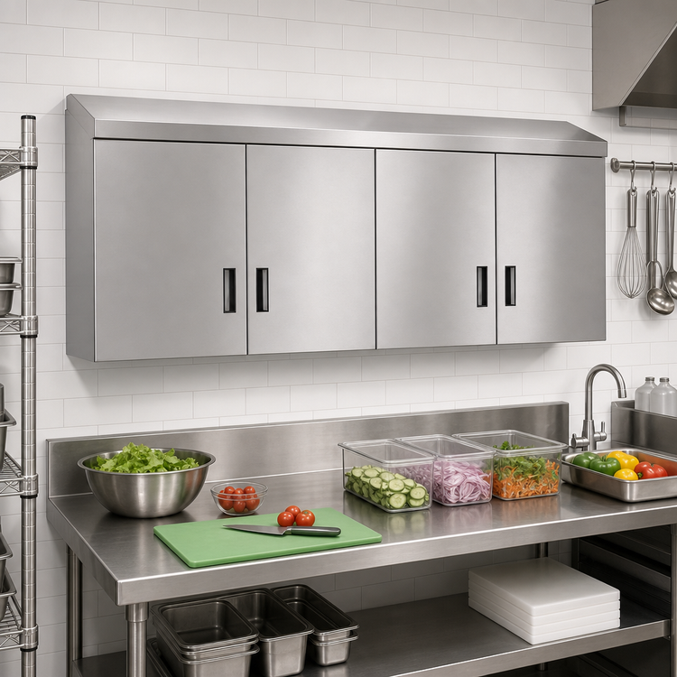 Product image #2 for Advance Tabco Wall-Mounted Enclosed Stainless Steel Storage Cabinet with 4 Hinged Doors and Shelf, 72W x 15D