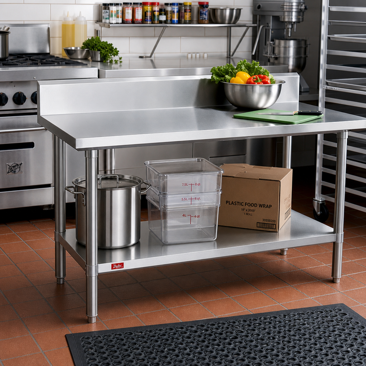 Product image #2 for Duke 60 Inch x 30 Inch 14-Gauge 300 Series Stainless Steel Work Table with 10-Inch Riser, Marine Edge, and Undershelf