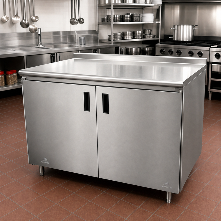 Product image #2 for Advance Tabco 96-Inch x 36-Inch Enclosed Stainless Steel Work Table with Cabinet Base, Hinged Doors, 14-Gauge 304 Top and 1-1/2-Inch Rear Up-Turn