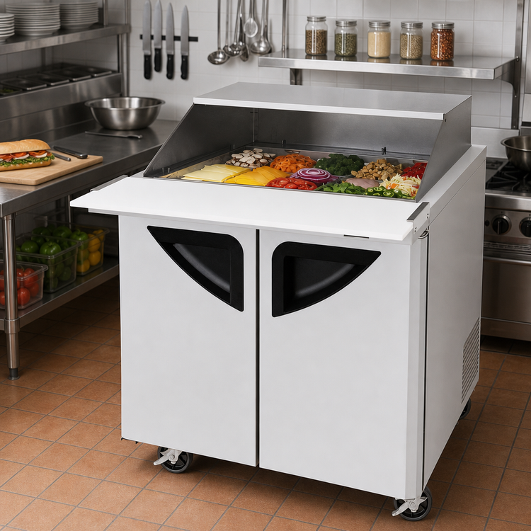 Product image #2 for Turbo Air Super Deluxe 36-1/4-Inch Two-Section Mega Top Sandwich/Salad Prep Table with Slide-Back Lid, 15-Pan Opening, 9 Cu. Ft., Rear-Mounted Refrigeration