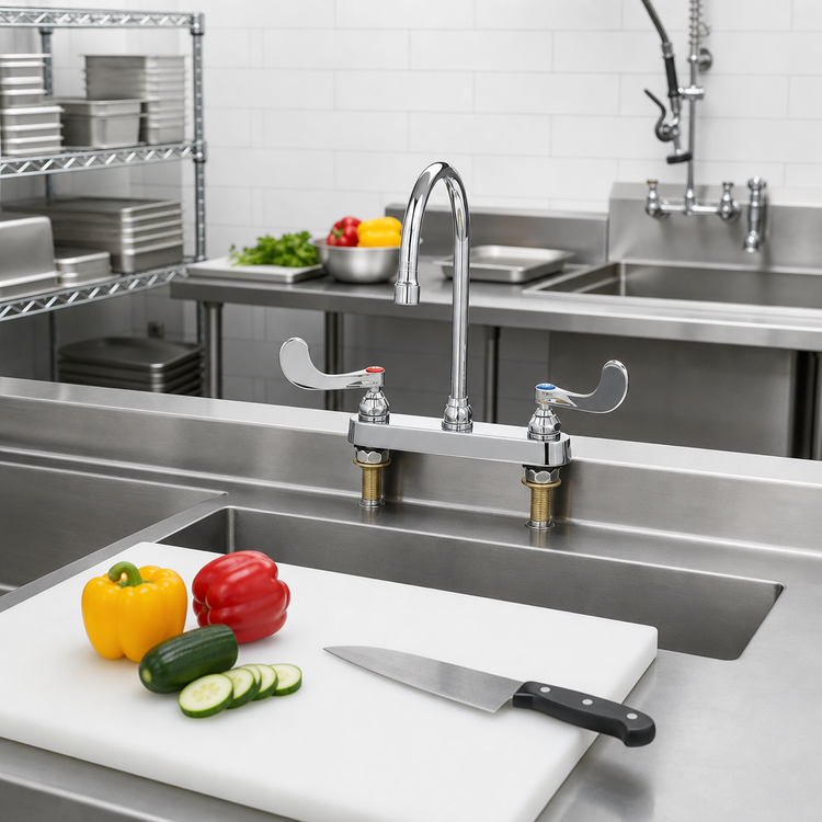 Product image #2 for 8-Inch Center Deck-Mount Workboard Faucet with 5-3/4-Inch Swivel Gooseneck Spout and 1.2 GPM Aerator
