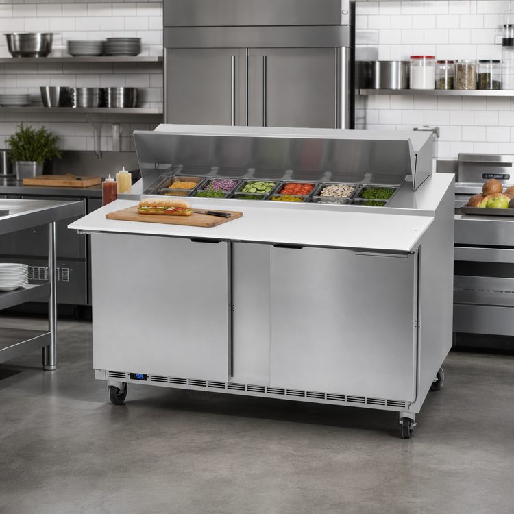 Product image #3 for Beverage-Air Two-Section Sandwich Prep Table Refrigerated Counter with 17-Inch Cutting Board, 60-Inch Wide, 12-Pan Top