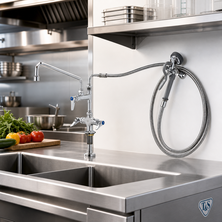 Product image #2 for T&S Brass Single-Hole Deck-Mount Pantry Mixing Faucet with 12-Inch Swing Nozzle and Spray Unit
