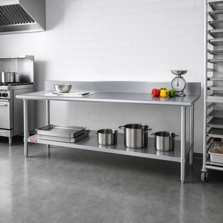 Product image #2 for Duke 144-Inch Long x 30-Inch Deep Stainless Steel Work Table with 5-Inch Riser and Undershelf