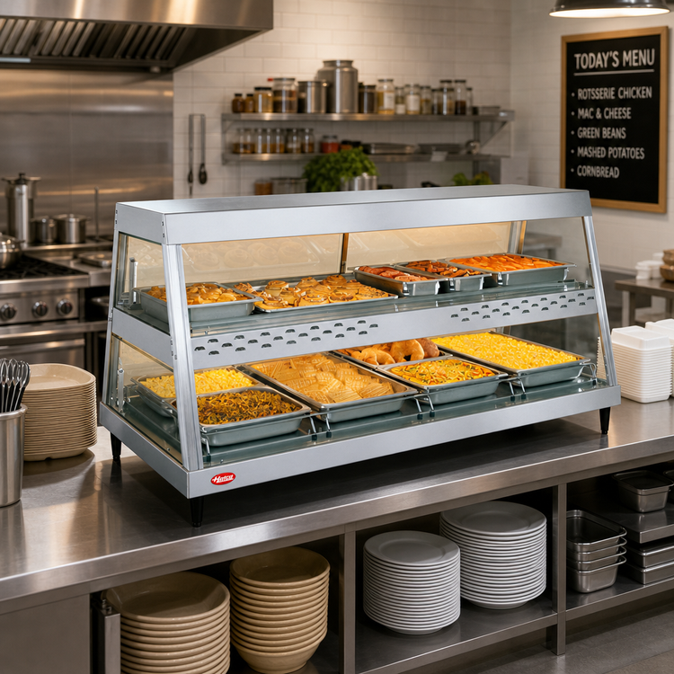 Product image #2 for Hatco Glo-Ray GRHD-4PD Countertop See-Thru Full-Service Heated Display Case, 4-Pan Dual Shelf