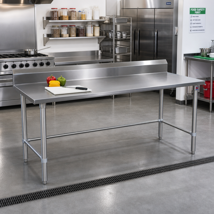 Product image #2 for 108-Inch Stainless Steel Work Table with 5-Inch Backsplash and Safety Edge