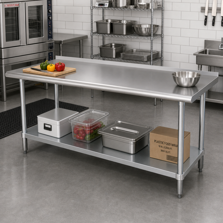 Product image #2 for Advance Tabco 120"W x 24"D 14-Gauge 304 Stainless Steel Open Base Work Table with 1-1/2" Rear Up-Turn and Adjustable Galvanized Undershelf