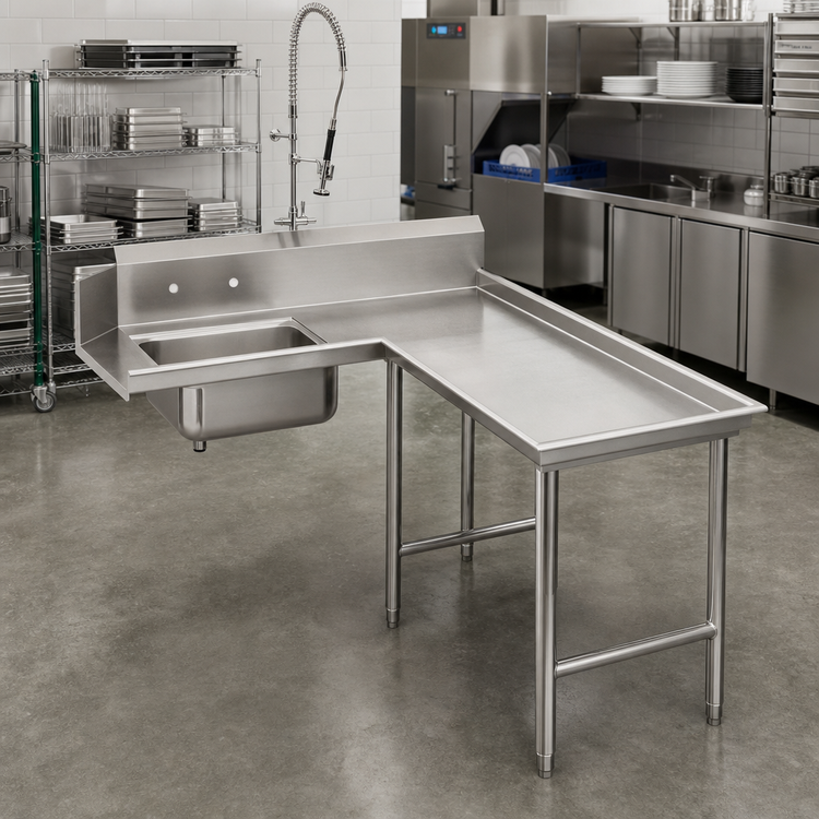 Product image #2 for Advance Tabco Island Soil L-Shaped Right-Hand Dish Table with Pre-Rinse Sink, 143 Inches, 14 Gauge 304 Stainless Steel