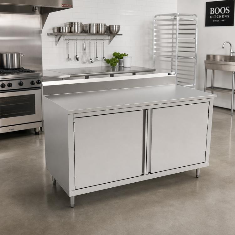 Product image #2 for John Boos 84-Inch x 30-Inch Enclosed Work Table with Hinged Doors, 14-Gauge Stainless Steel Top and 5-Inch Backsplash