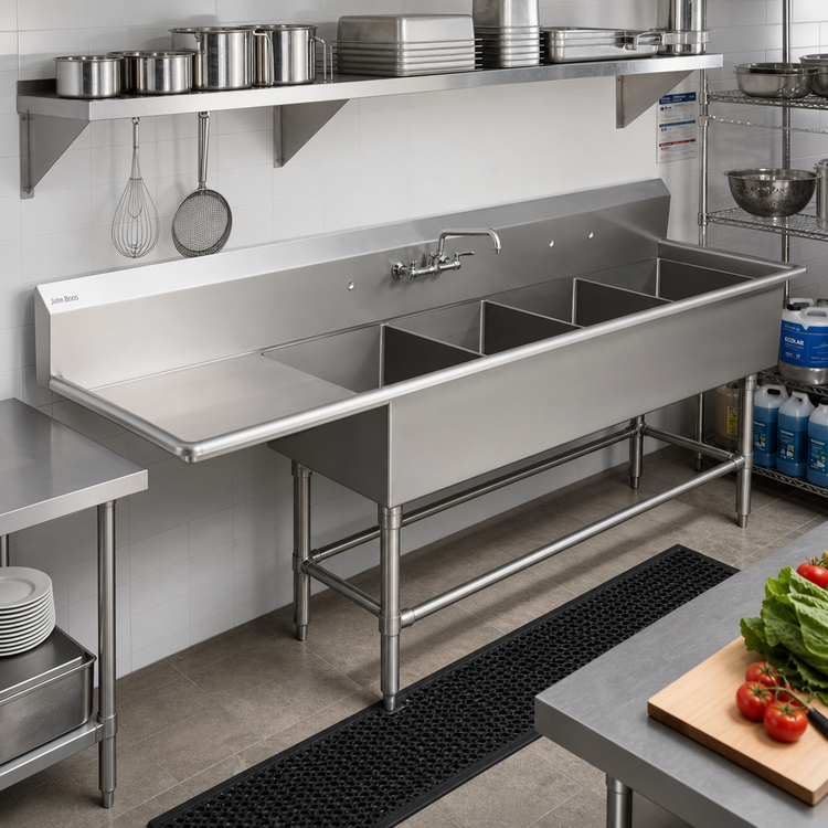 Product image #2 for John Boos Pro-Bowl 4-Compartment Sink with Left Drainboard, 124-3/16 Inch Wide, 16-Gauge Stainless Steel