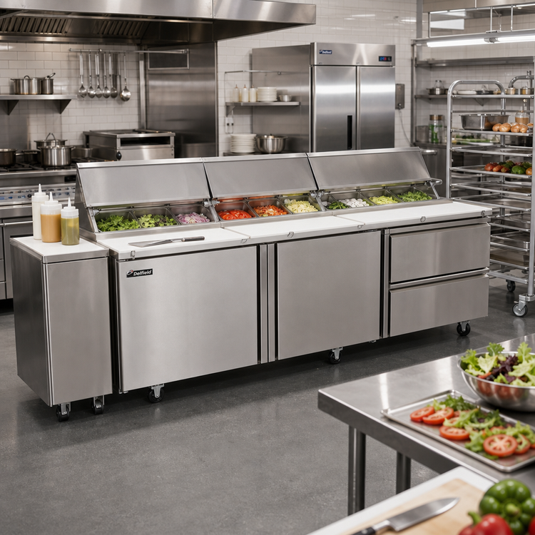 Product image #2 for Delfield Mega Top 72-Inch Three-Section Sandwich/Salad Prep Table Refrigerator with 18-Pan Capacity