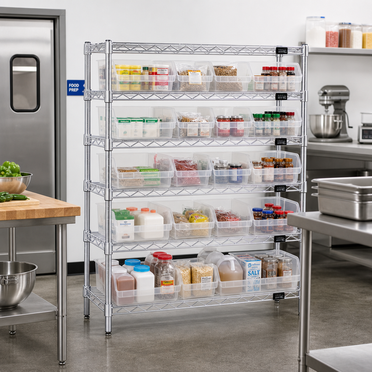 Product image #2 for Quantum 36-Inch Wide Chrome Plated Stationary Bin Wire Shelving System with 6 Shelves and 15 Clear Bins