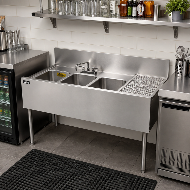 Product image #2 for Top Shelf TSF Series 48-Inch 3-Compartment Underbar Multi-Tank Sink with Right Drainboard