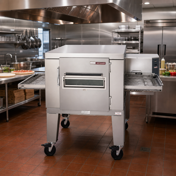 Product image #2 for Lincoln Impinger I 1400 Series Gas Conveyor Pizza Oven Package with Glass Access Window and Stand, Single Stack, 120,000 BTU