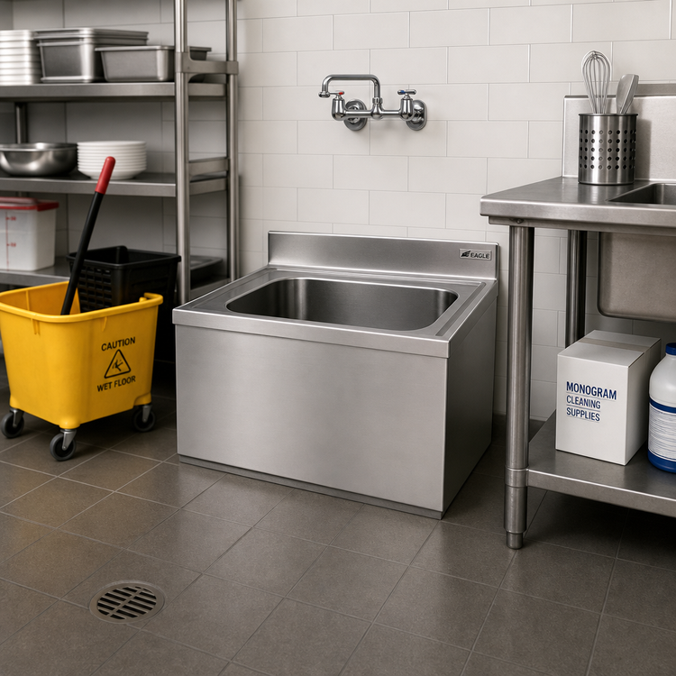 Product image #2 for Eagle Group F2820-12 Floor-Mounted Mop Sink, 28" W x 20" D x 12" Deep Bowl, 304 Stainless Steel