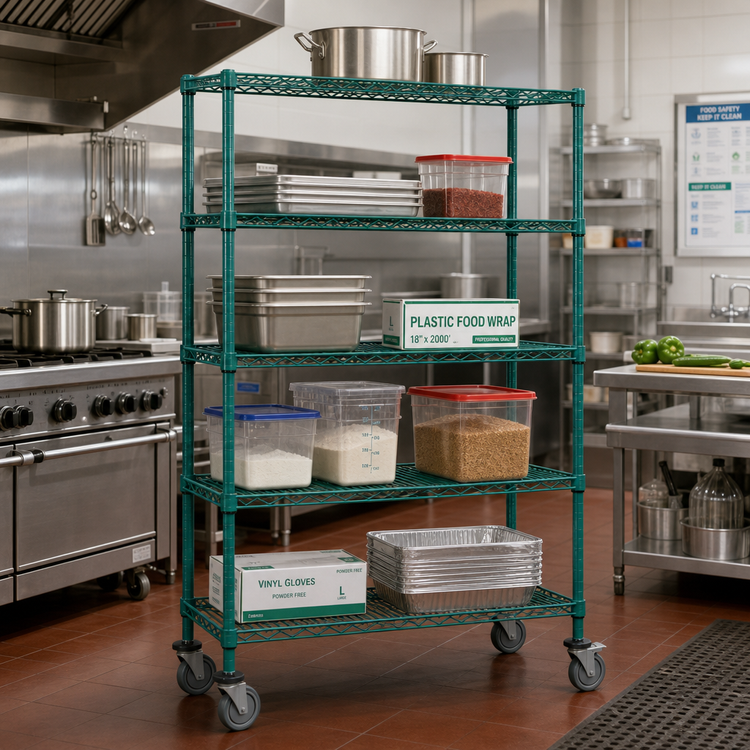 Product image #2 for Quantum Mobile Wire Shelving Cart, 60 x 24 x 69 Inches, 5 Shelves, Green Epoxy Coated